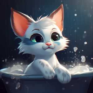 A cute, happy white cartoon cat in a bathtub