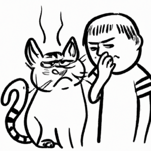 Cartoon illustration of a lovable, cute but stinky cat, with stink lines, looking embarrassed, and a person holding their nose.