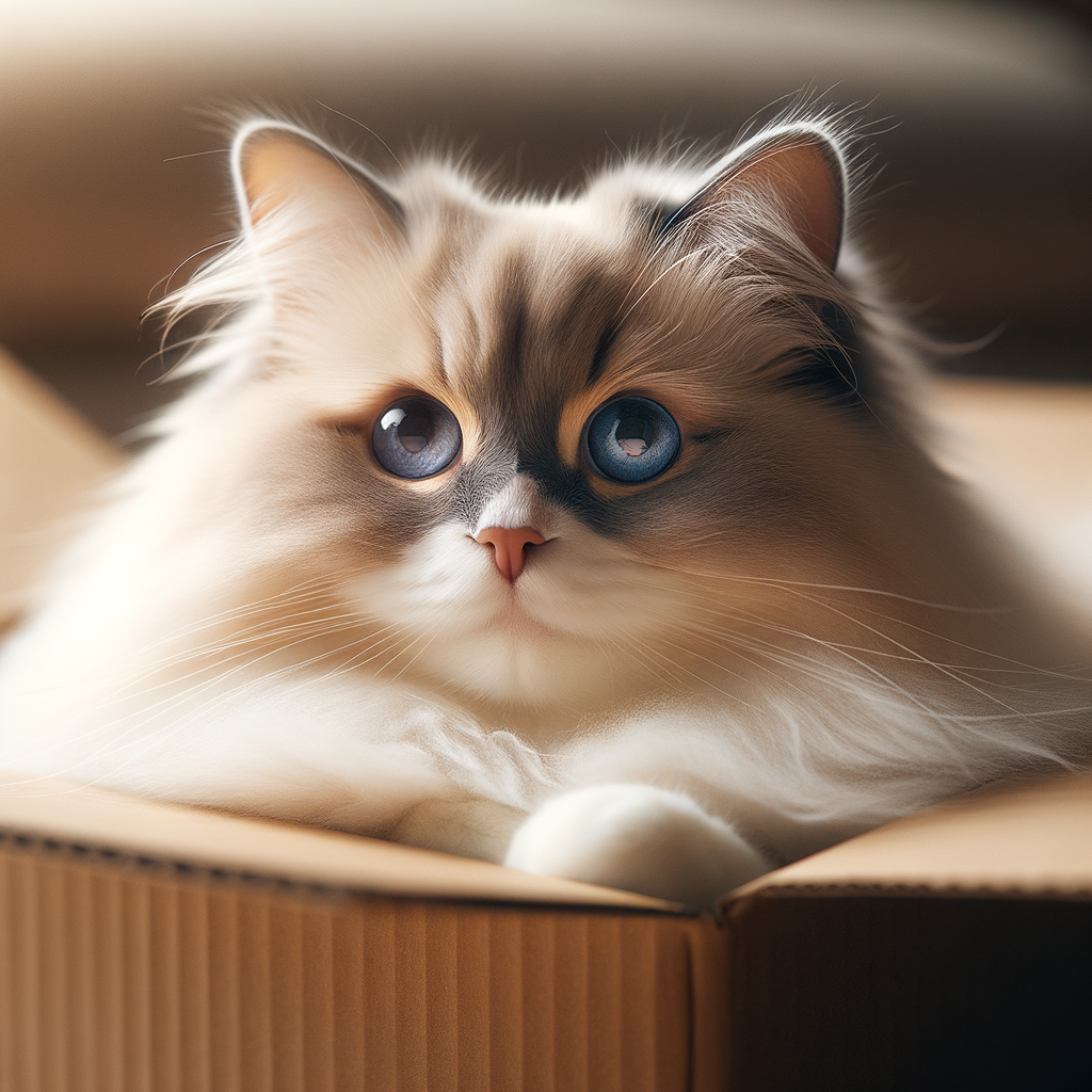 photo of a fluffy cream and tan ragdoll cat in a box